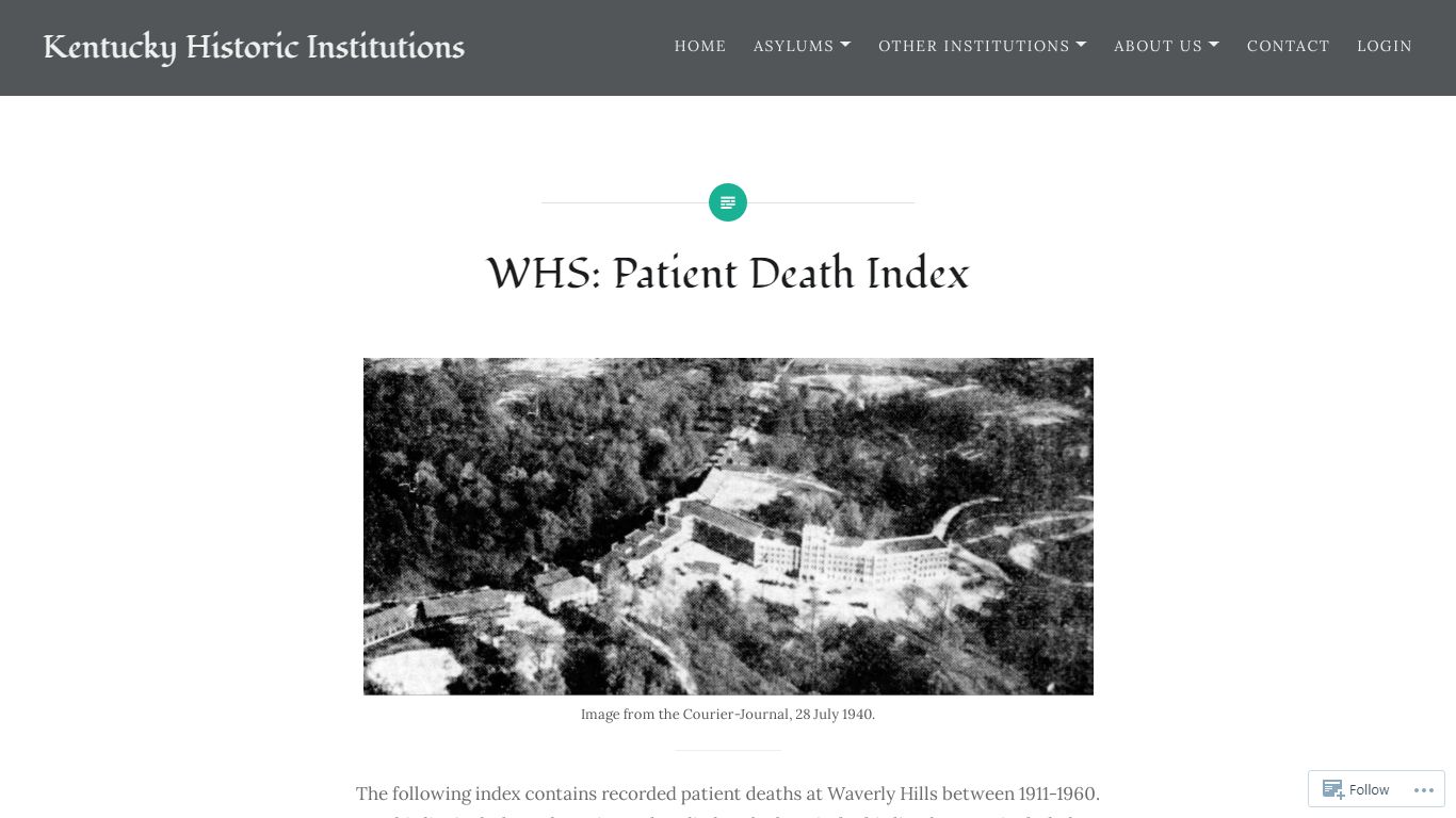 WHS: Patient Death Index – Kentucky Historic Institutions